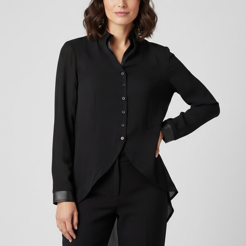 Rag & Bone Black High-Low Tuxedo Blouse Stand Collar Metallic Trim XS USA Made